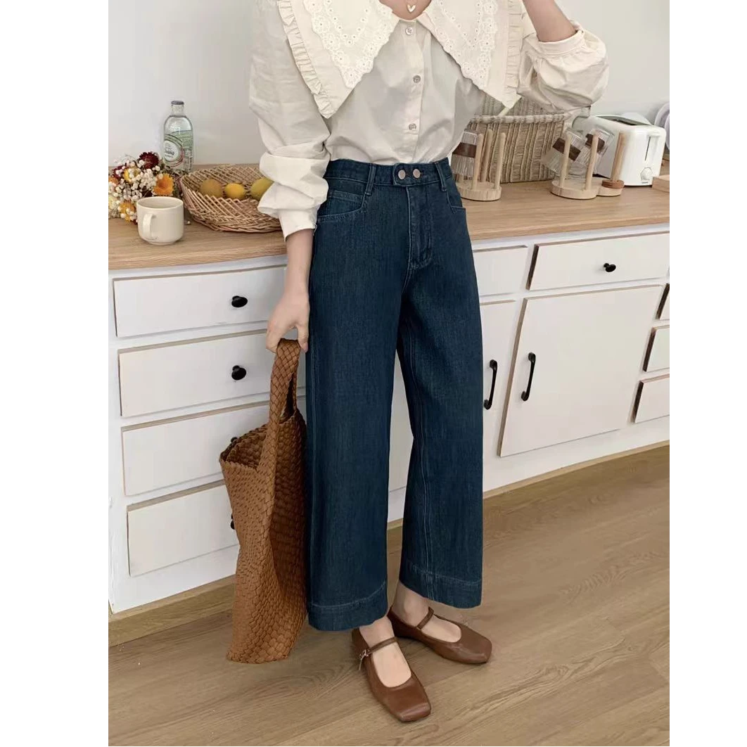 熊猫 休闲裤秋冬加绒休闲百搭时尚潮流风直筒高腰牛仔裤显瘦黑色