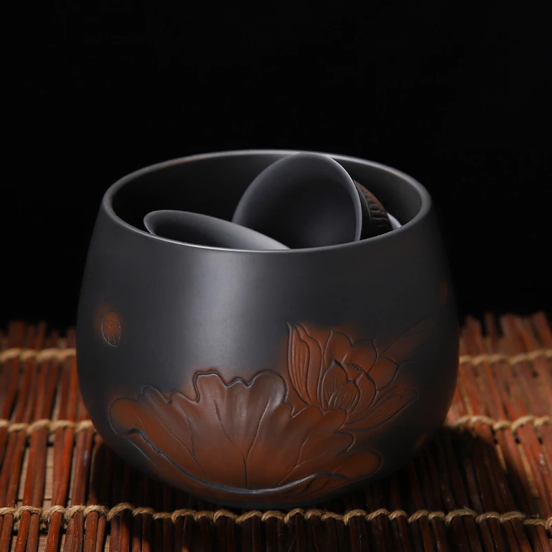紫陶茶洗浮雕直口水盂家用小茶渣缸日式轻奢茶具配件高端陶瓷