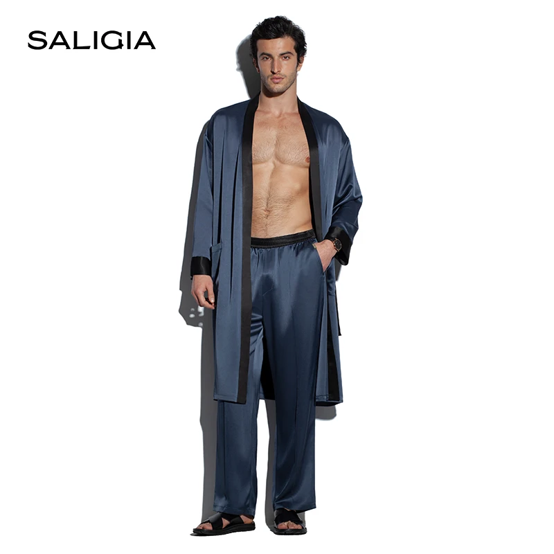 SALIGIA夜幕缎光直领二醋酸垂坠缎面男士家居睡袍