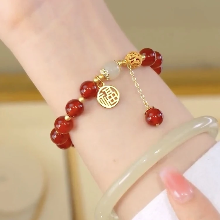 铜合金手链 福牌红色珠子新款送女朋友礼物小众设计流苏网红饰品