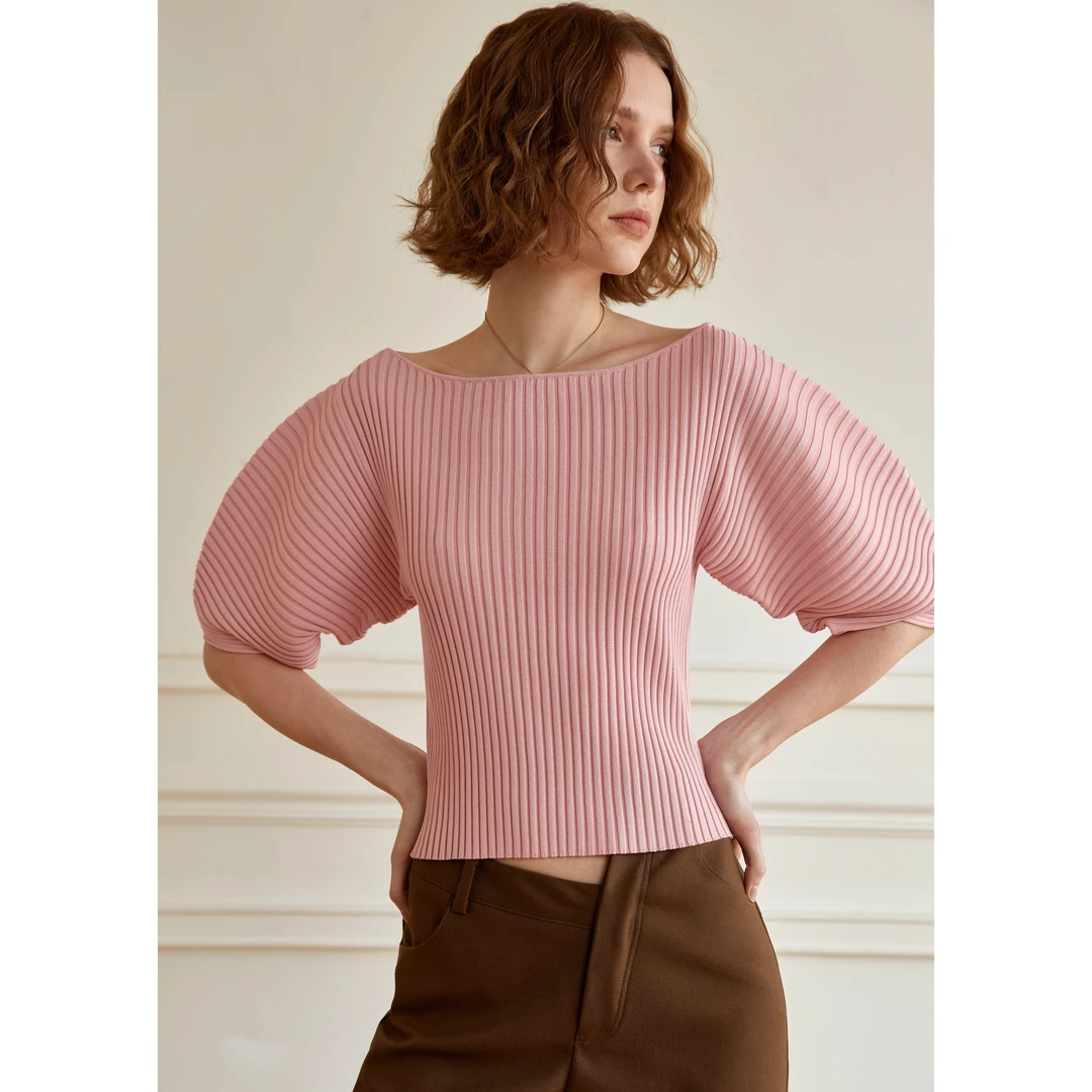 【楠哥专属】小众别致一字领针织上衣女 23144