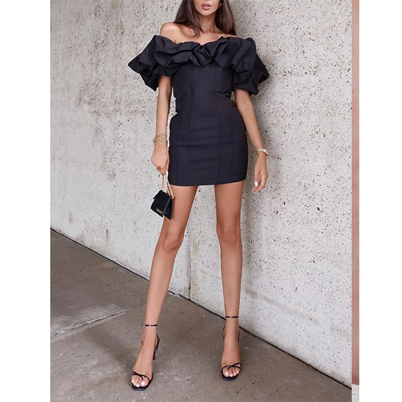 CP【楠哥专属】 原创缩褶一字抹胸收腰小黑裙 20036