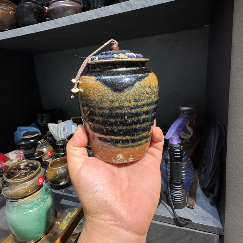 复古日式粗陶茶叶罐铁釉密封罐便携储茶罐茶仓