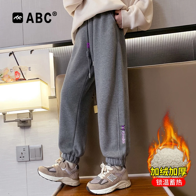 ABC女童冬季加绒加厚牛仔裤中大童冬天束脚裤2023新款儿童裤子潮