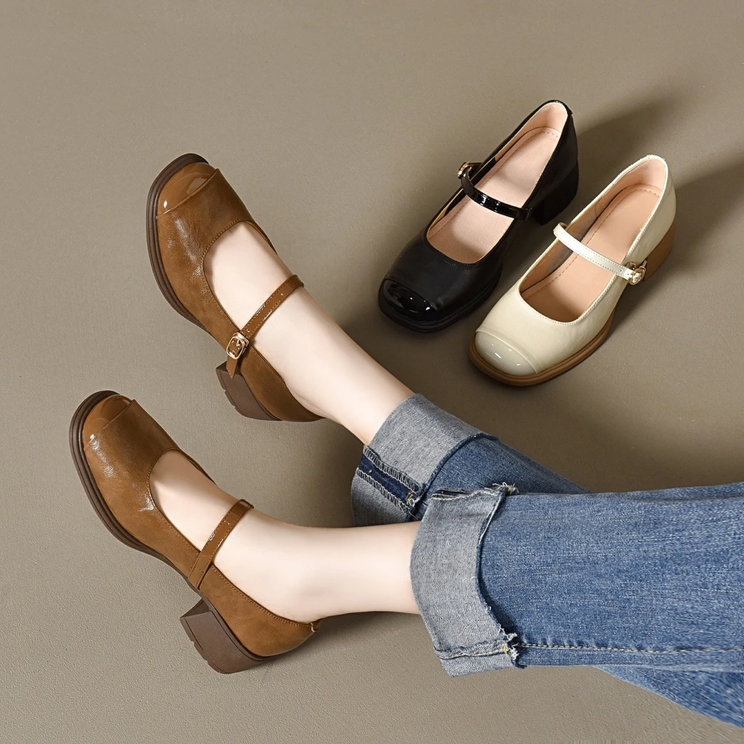 真皮玛丽珍鞋女2025夏季新款方头粗跟中跟小皮鞋春秋软底浅口单鞋