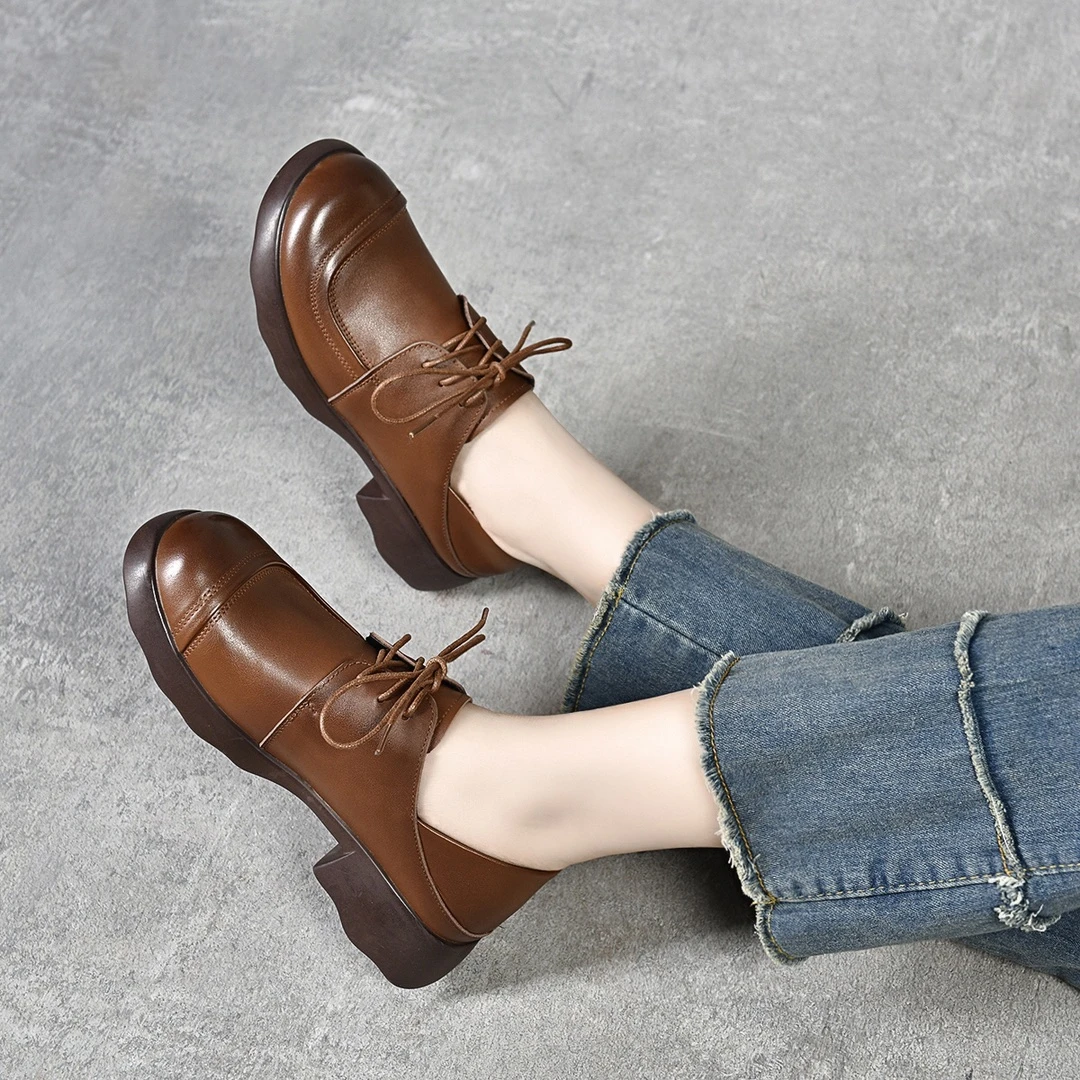 真皮单鞋女复古休闲百搭乐福鞋2025春季新款圆头系带软底深口皮鞋