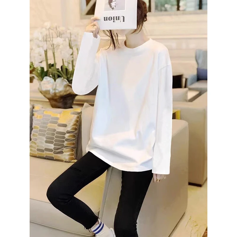 欧货白色纯棉加绒打底衫女秋冬内搭中长款宽松圆领休闲长袖t恤ins