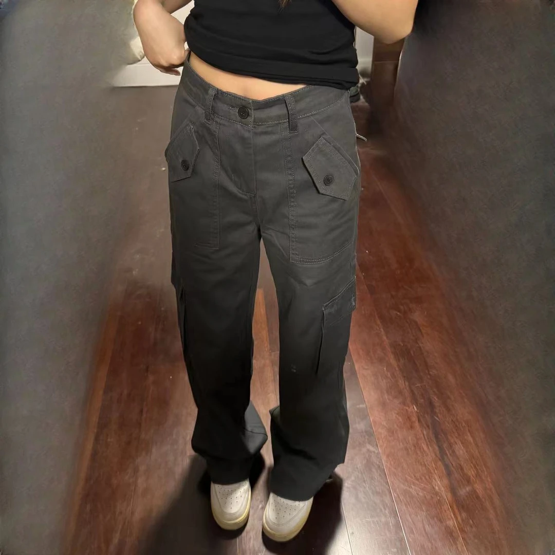 深灰色中高腰工装裤宽松直筒阔腿休闲拖地裤女款