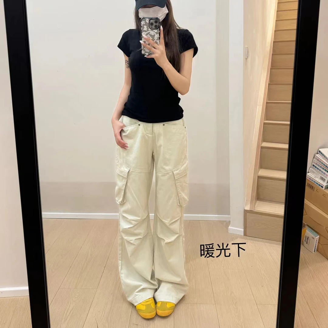 米白色/黑色中高腰宽松阔腿微喇裤棉质休闲工装裤女款