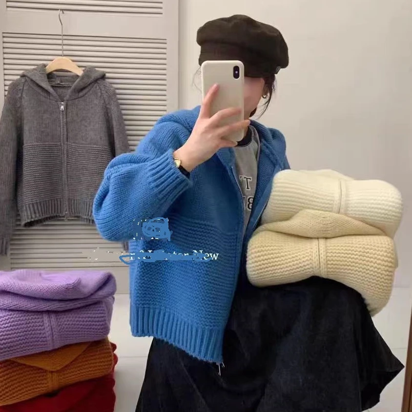 蓝色日系风拉链针织帽衫开衫187