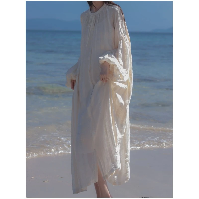 新中式文艺随性宽松连衣裙系带圆领森女系仙女裙复古女装连衣裙