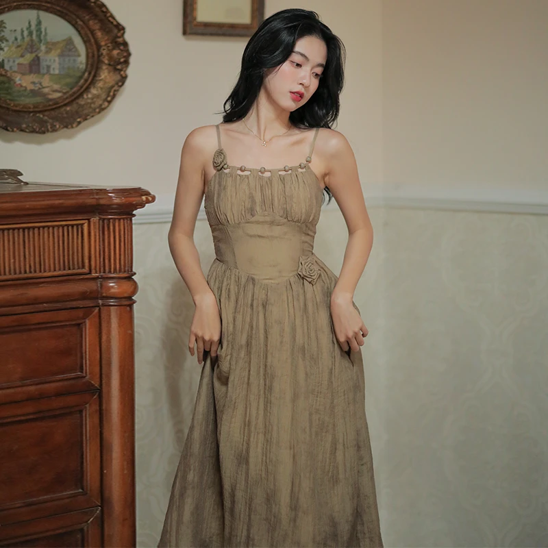 奈良国风法式吊带裙港味复古海边度假连衣裙新中式裙子【3048】
