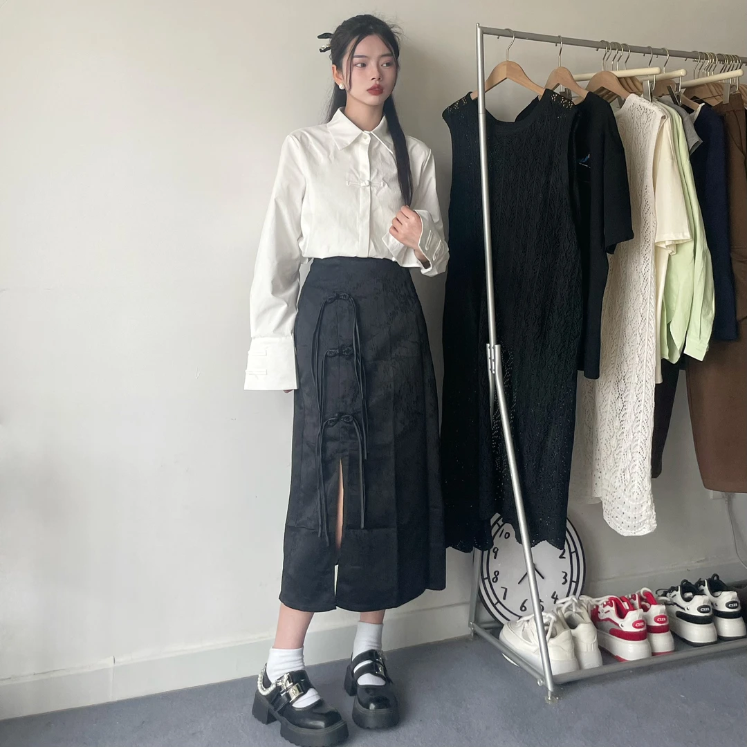 【新中式半身裙】Pocket口袋服饰显瘦高腰不规则开叉新中式半身裙