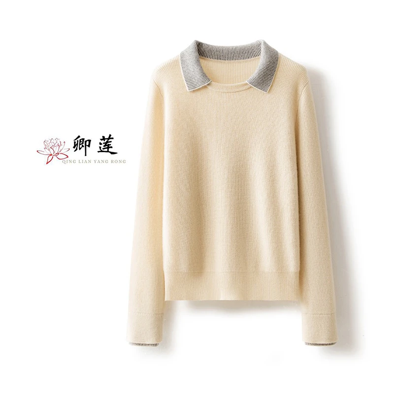 纯羊绒拼色双层POLO领女士套头羊绒衫23045