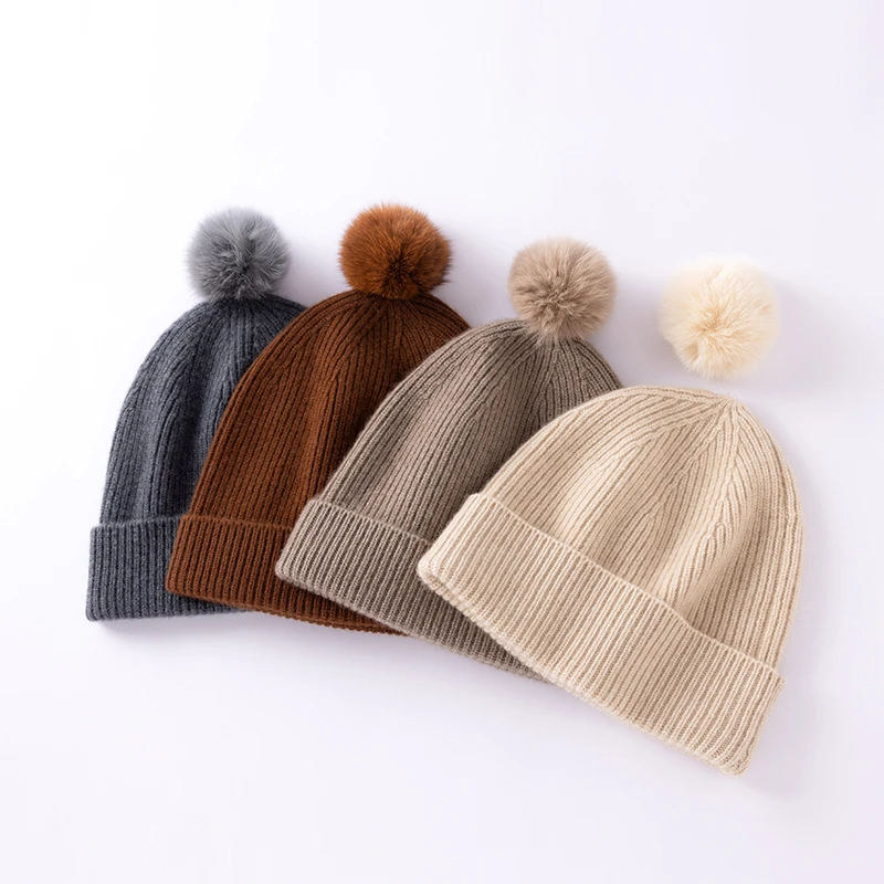 鄂系列羊绒时尚加厚翻边帽男女（毛球可拆卸）