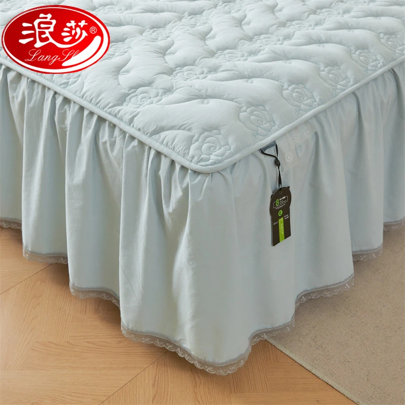 浪莎床裙纯棉100%全棉网红款单件床罩床单带裙边夹棉床垫保护罩套