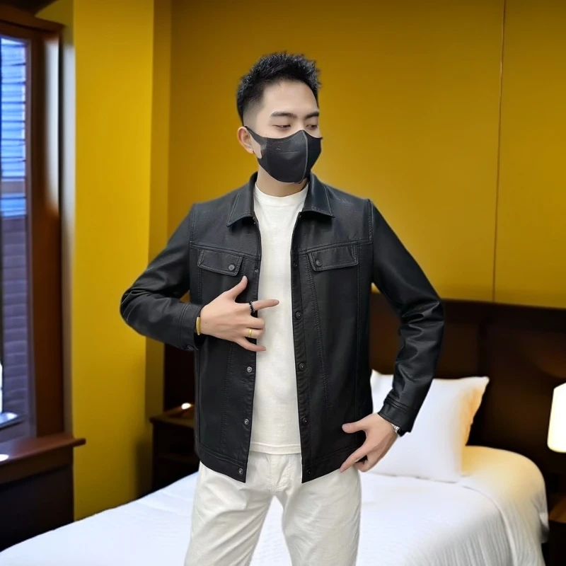 春秋特惠真皮男款休闲时尚百搭黑色修身翻领扣子皮夹克