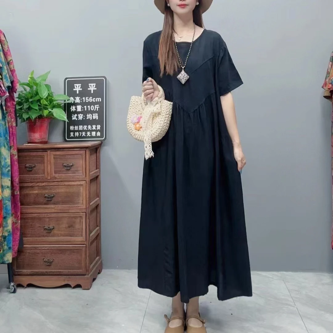 3363夏季新款清凉气质时尚复古遮肚宽松女显瘦百搭圆领休闲连衣裙