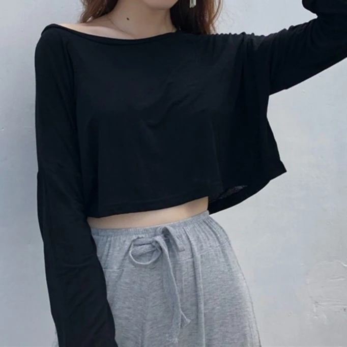 露脐百搭纯色防晒上衣短款宽松高腰露腰长袖T恤女潮