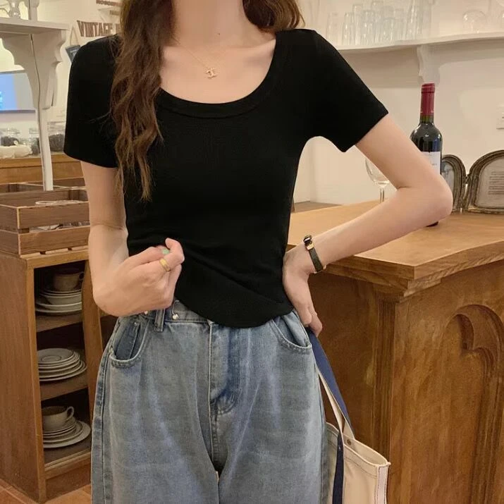 短款U型领短袖T恤女2023年夏季新款甜辣妹简约百搭修身显瘦上衣