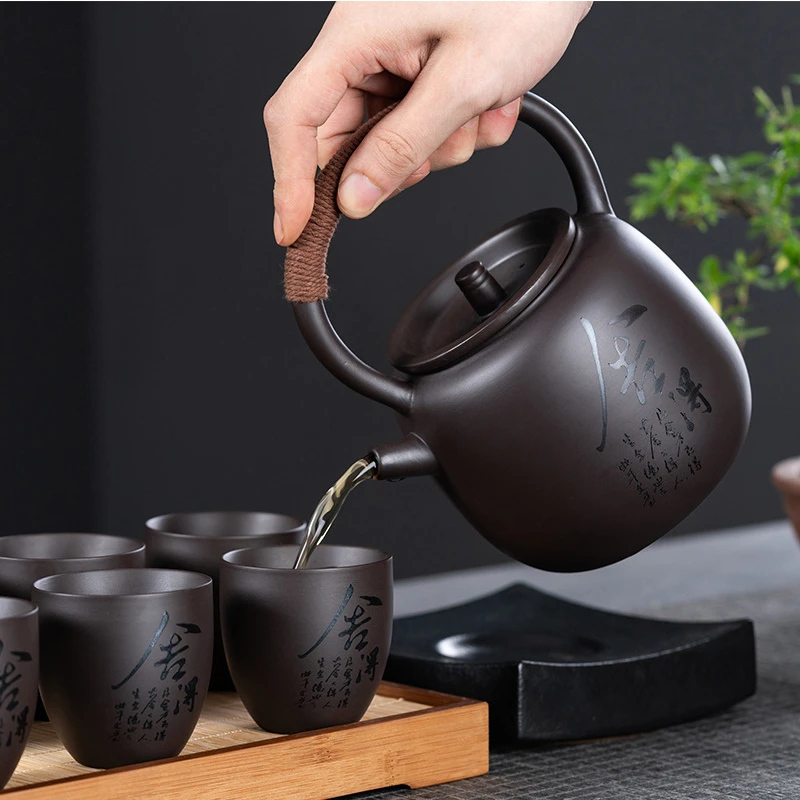 紫砂老式提梁壶大号容量正宗茶壶套装家用全手工中式泡茶具杯送礼