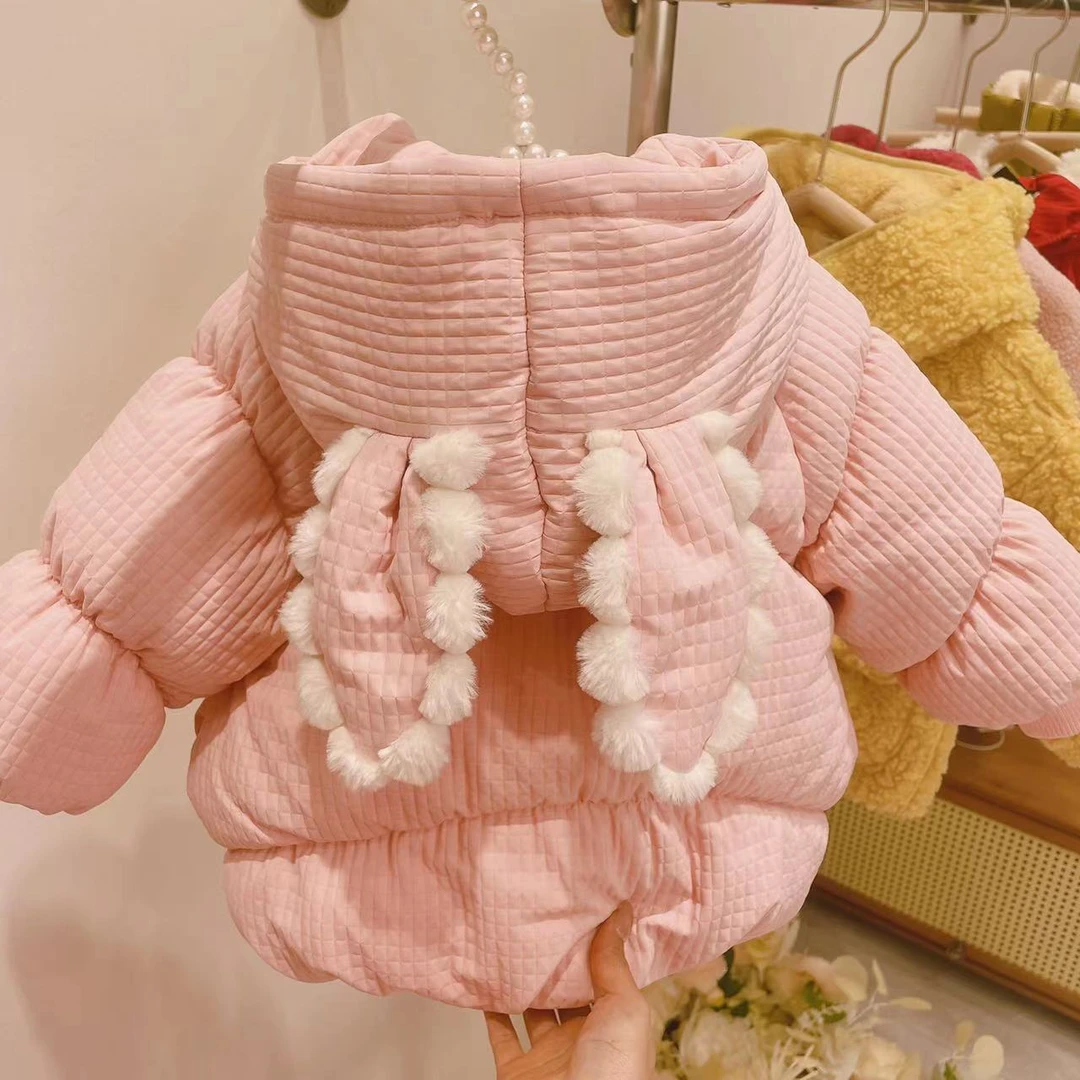 X113611 冬季新款可爱加绒加厚女童纯色连帽棉服女宝冬款粉色外套