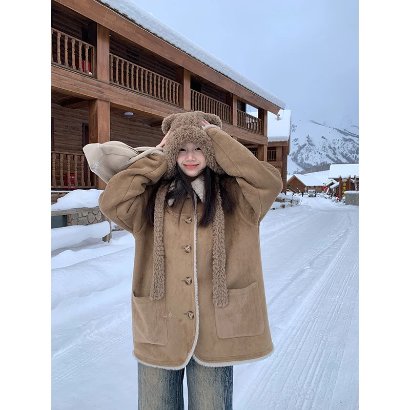 王少女的店 卡其色皮毛一体翻领外套冬季显瘦保暖上衣 W27853S44