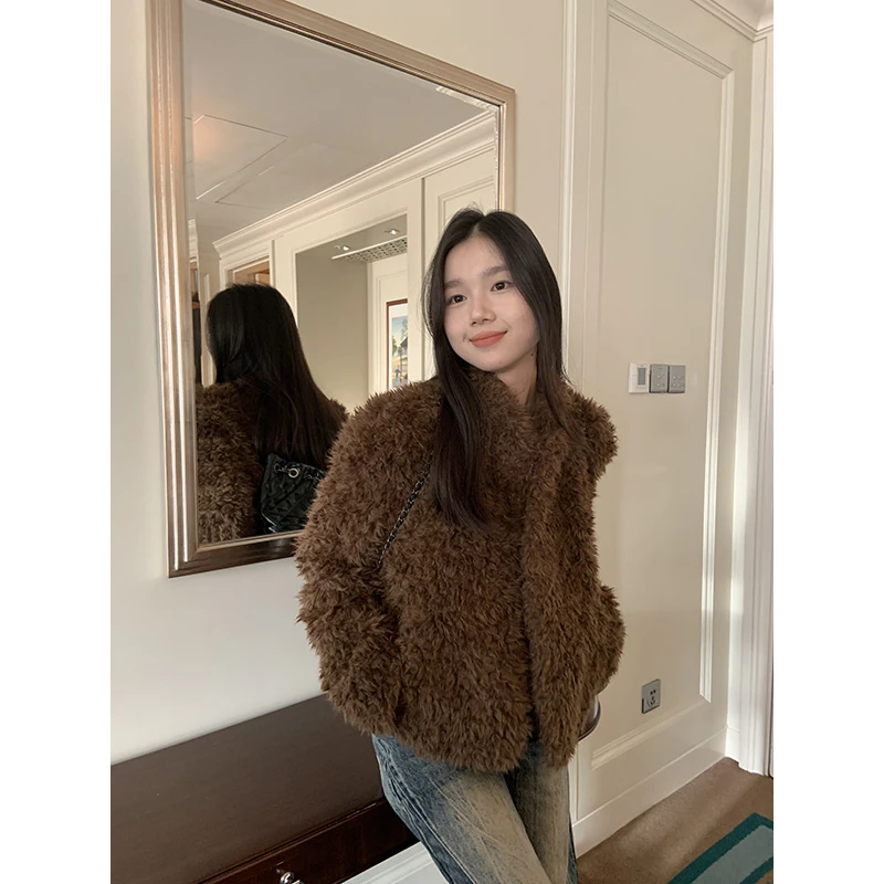 王少女的店 毛绒加厚立领外套秋冬季美拉德色系上衣 W26945S44