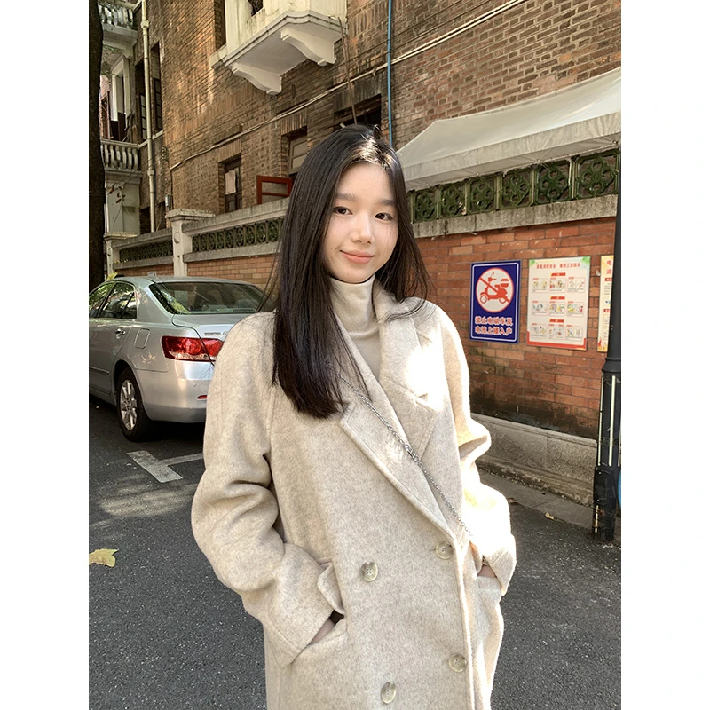 王少女的店【现】燕麦韩版长款毛呢外套冬季加厚保暖大衣 N27273S44