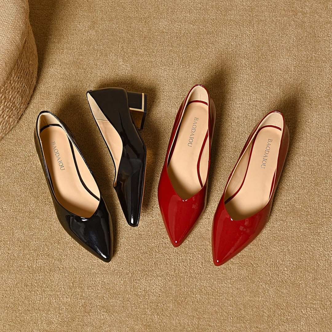 酒红色低跟女夏款小众设计感气质名媛配裙子方跟单鞋女