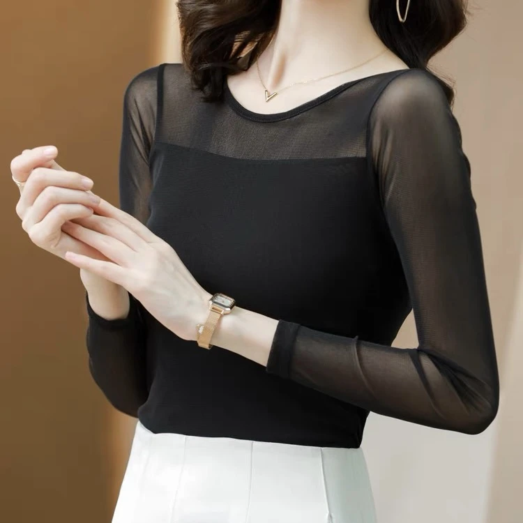 8513圆领高领黑色网纱罩衫透视纱衣蕾丝薄款修身时尚