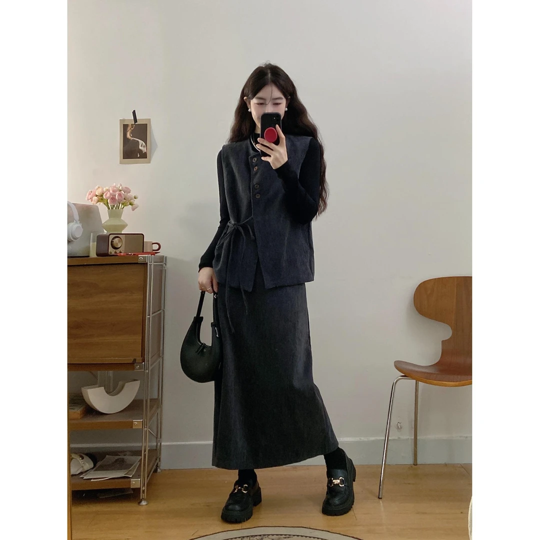 大码秋冬胖mm韩版小香风马甲外搭长袖打底衫160-180斤大码长裙