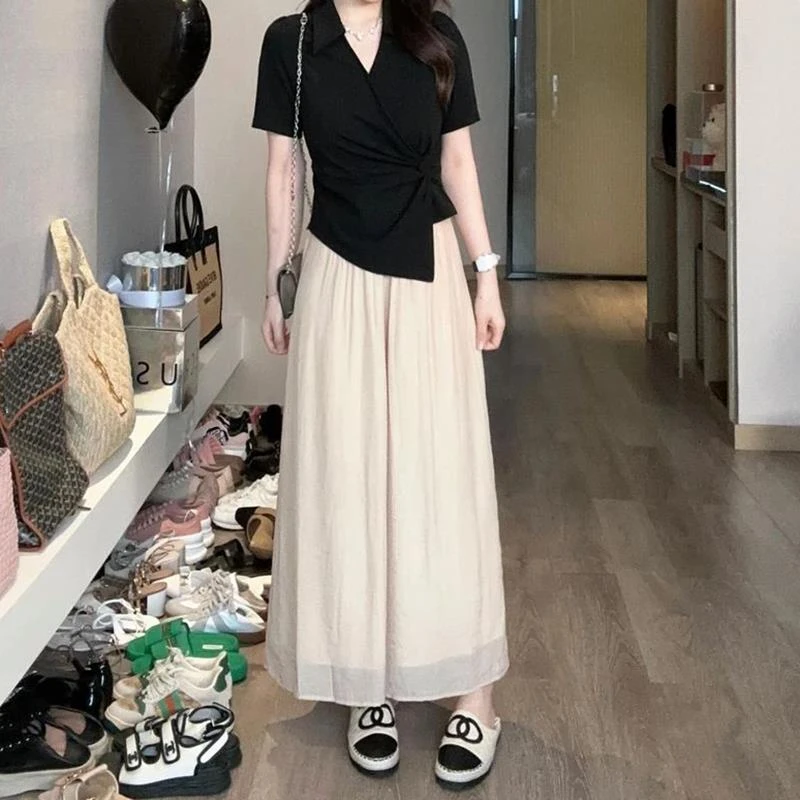 微胖mm遮肉休闲高腰阔腿裤女夏季百搭大码显瘦设计感时尚气质裙裤