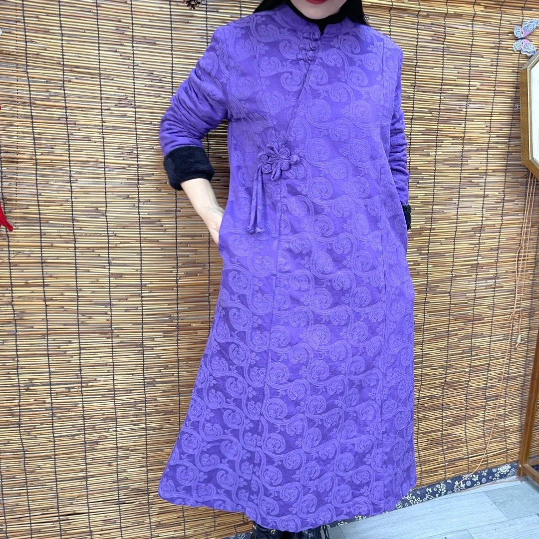 文艺复古提花纯手工盘扣中长款连衣裙（卡码拍小）