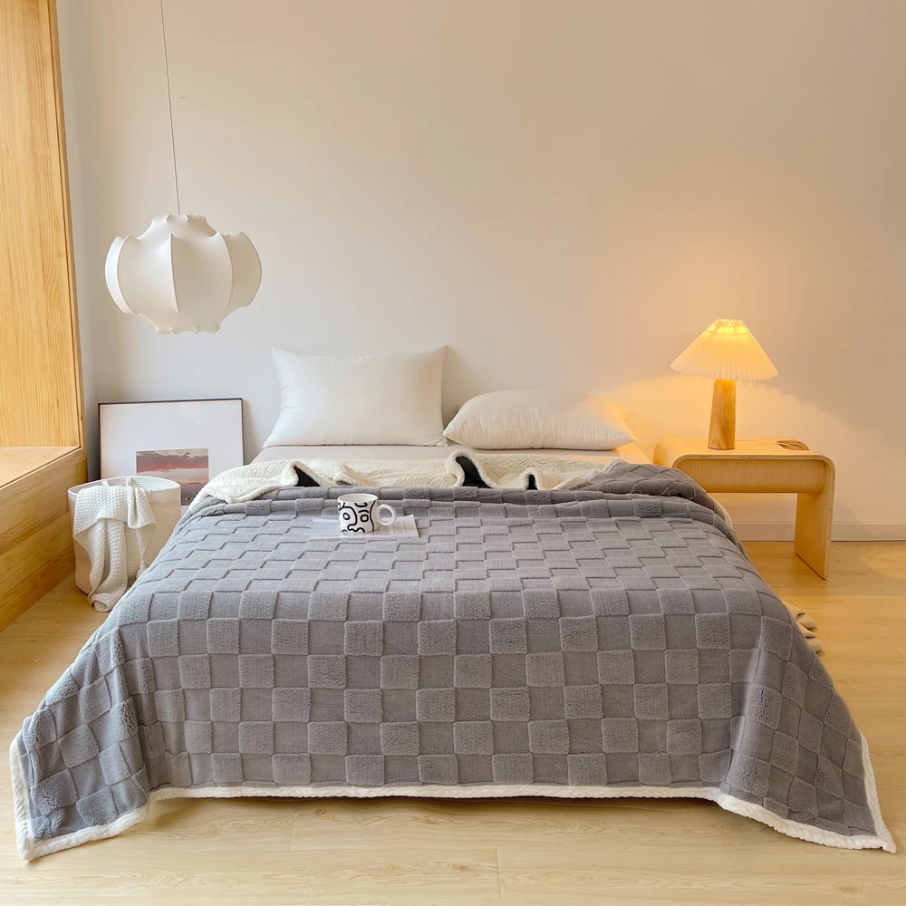 LD 7924 塔芙绒双面加厚棋盘格毛毯 棋盘格-灰