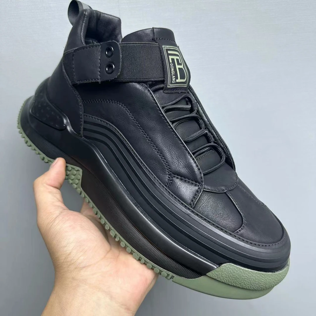 秋冬全皮面一脚蹬男士中帮休闲潮鞋厚底增高轻便软底百搭男鞋