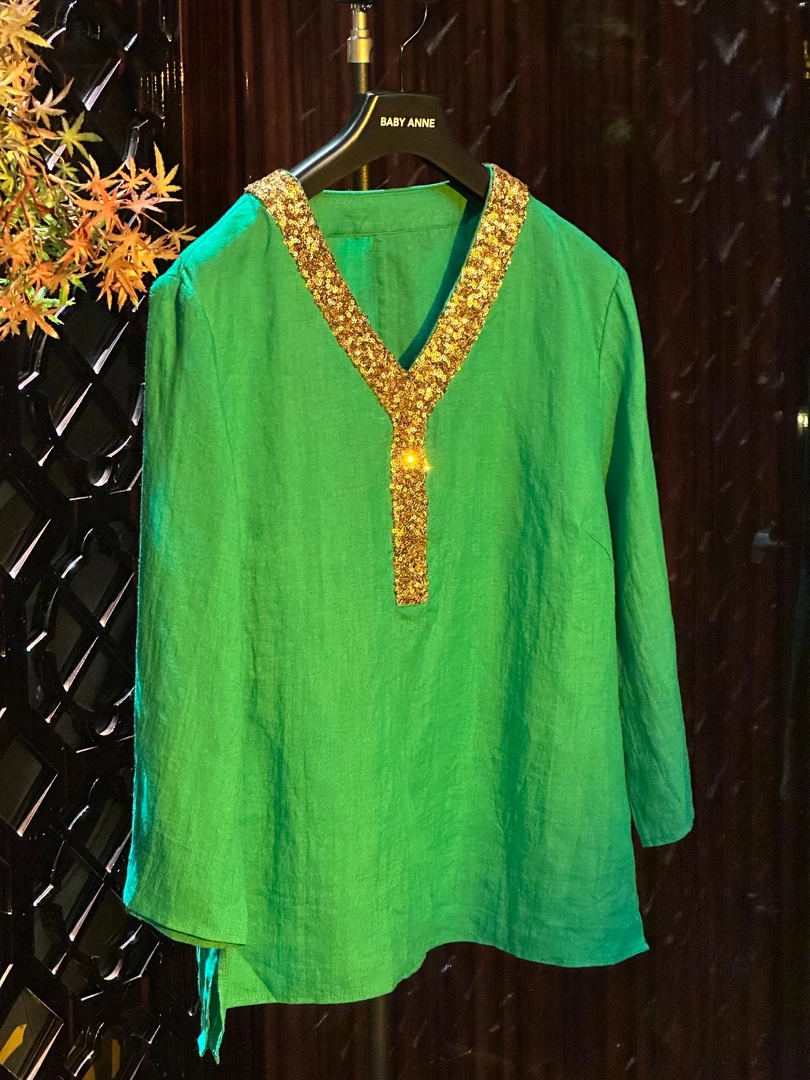 BABY ANNE【私人岛屿】系列-奢华贵气金绿色麻料套装PD241035