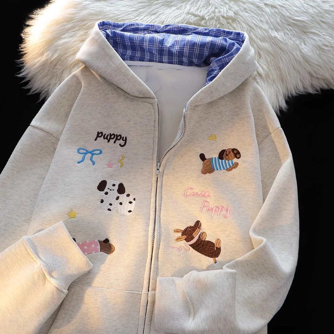 可爱小狗格子开衫外套女秋冬新款韩版慵懒chic设计感加绒加厚卫衣