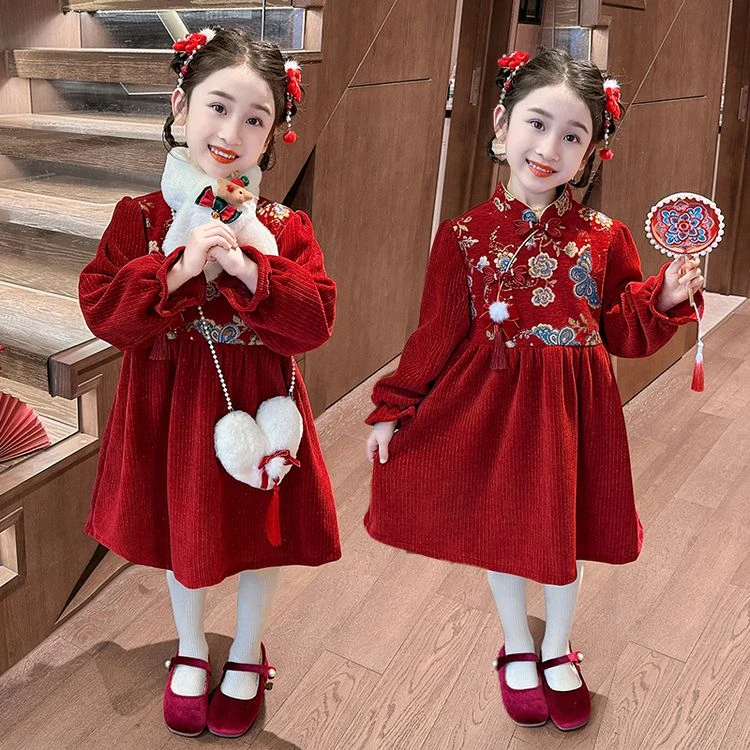 小女孩冬季新款国风加绒连衣裙女童冬装红色过年拜年服儿童公主裙