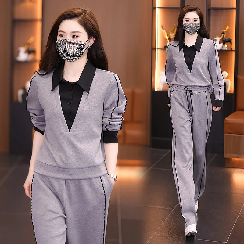 运动休闲时尚套装女2024年早秋新款假两件上衣宽松阔腿裤两件套装