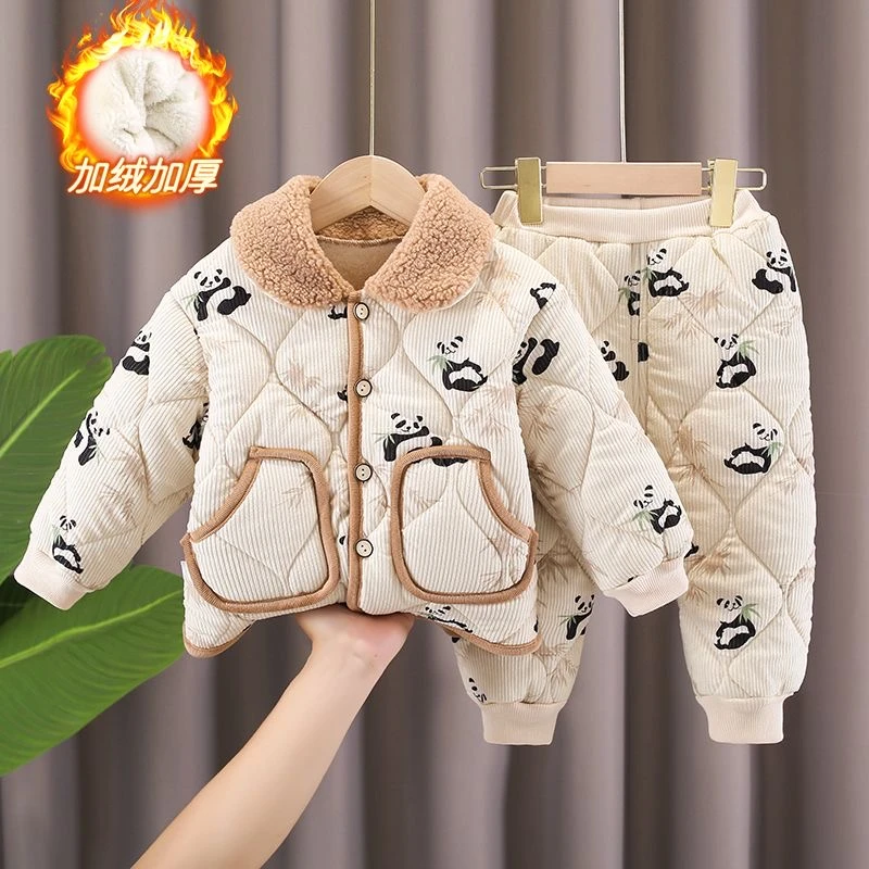 冬季儿童三层加绒加厚睡衣男宝宝灯芯绒居服小童保暖外出服套装