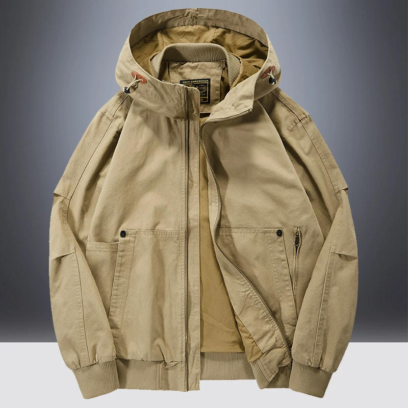 多口袋连帽夹克男2023年新款春秋季纯棉美式休闲宽松工装复古秋装