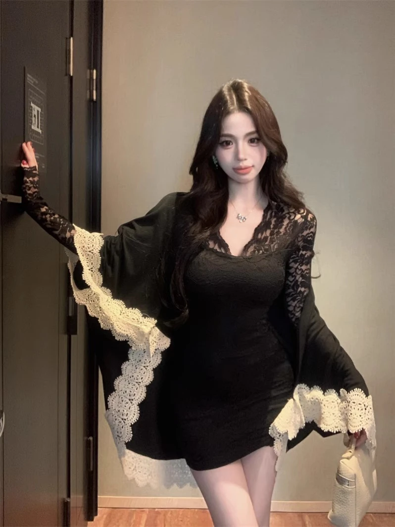 纯欲性感镂空低V领蕾丝连衣裙包臀短裙女装冬季辣妹内搭打底裙子