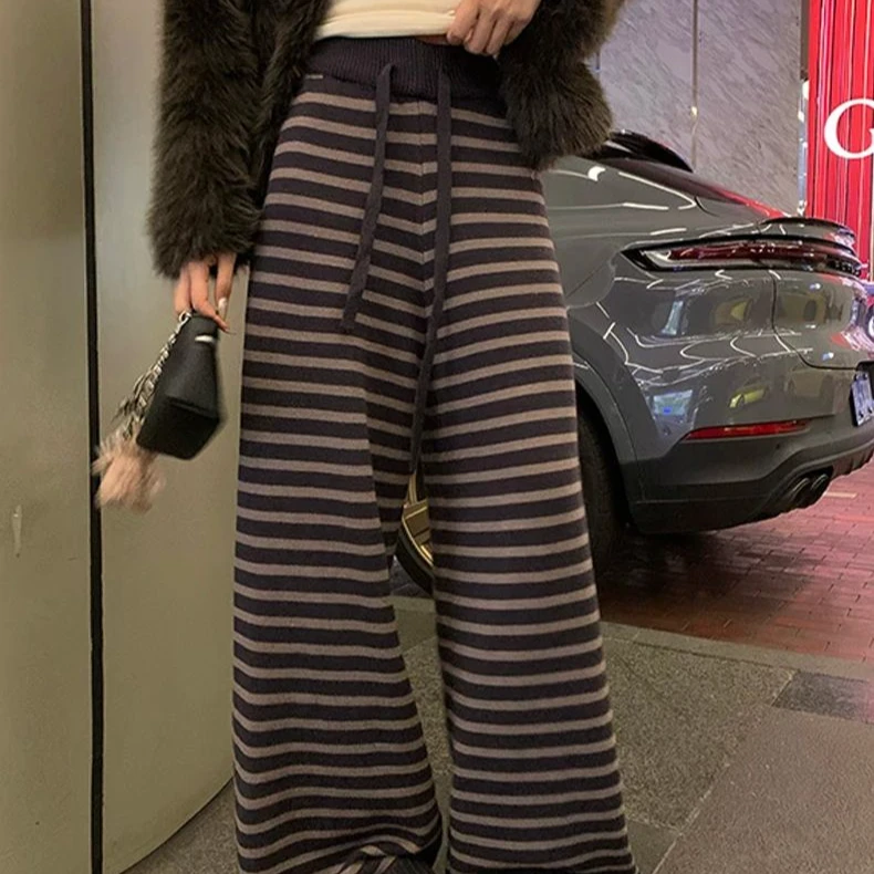 女秋冬新款宽松慵懒风法式黑白条纹针织阔腿裤垂感显瘦拖地休闲裤