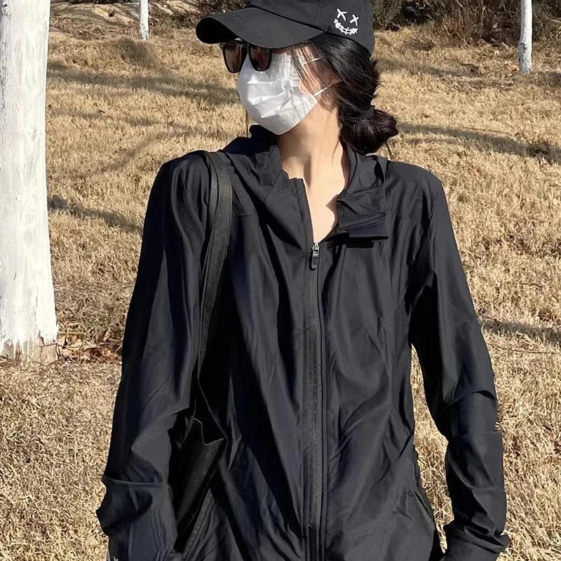 韩版hiphop黑色连帽防晒服女夏季宽松设计感气质高街休闲百搭上衣