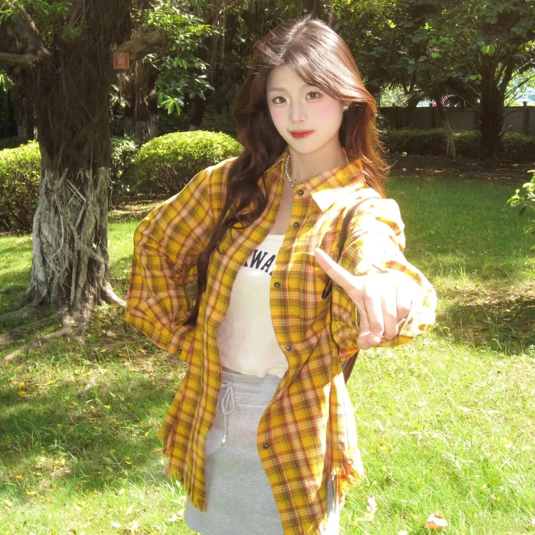 黄色多巴胺格纹衬衫外套女早秋新款设计感宽松百搭衬衣气质上衣