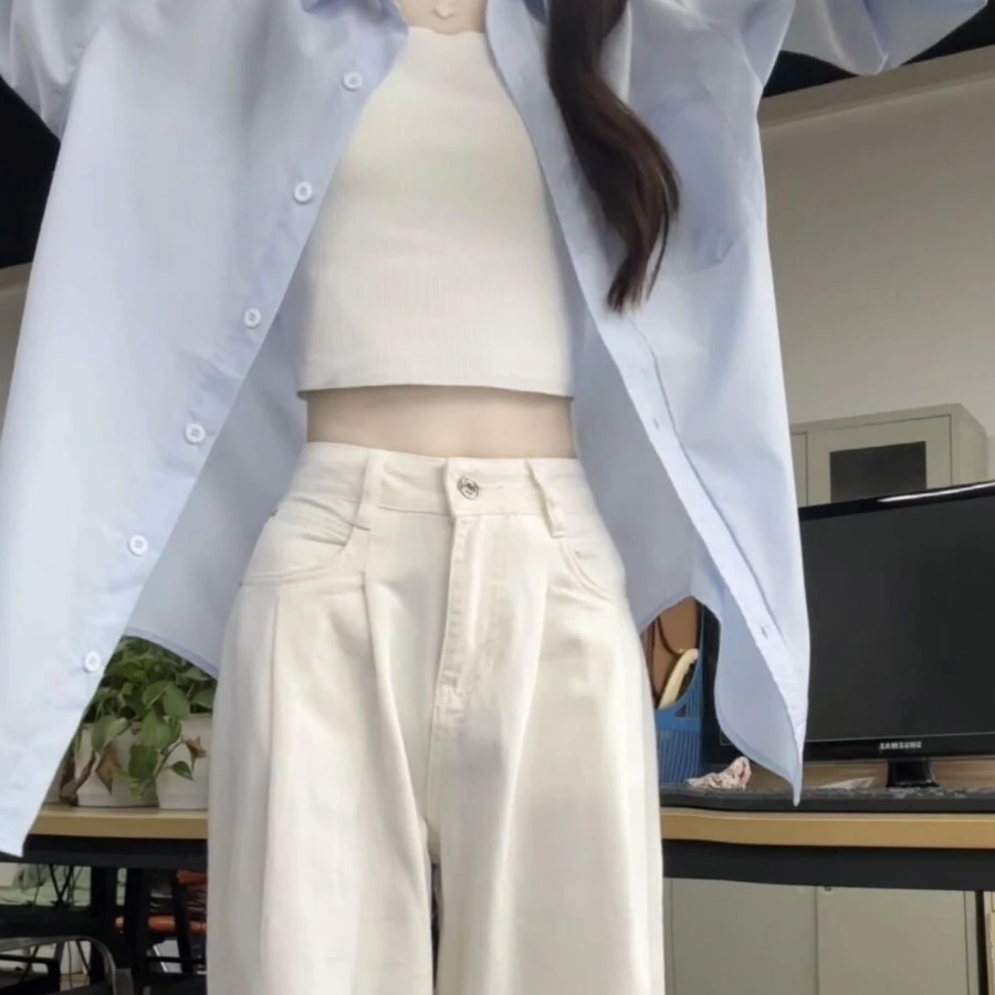 2024蓝色防晒衬衫外套女夏季时尚宽松叠穿内搭中长款polo领衬衣