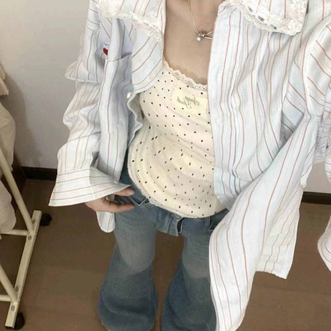 春夏新款蓝条衬衫女设计感慵懒显瘦宽松长袖衬衣上衣蕾丝花边