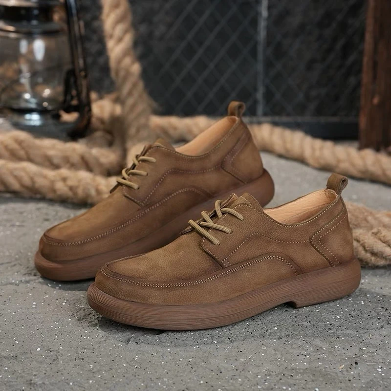 夏季新款男士休闲头层牛皮板鞋透气真皮复古低帮系带厚底休闲皮鞋