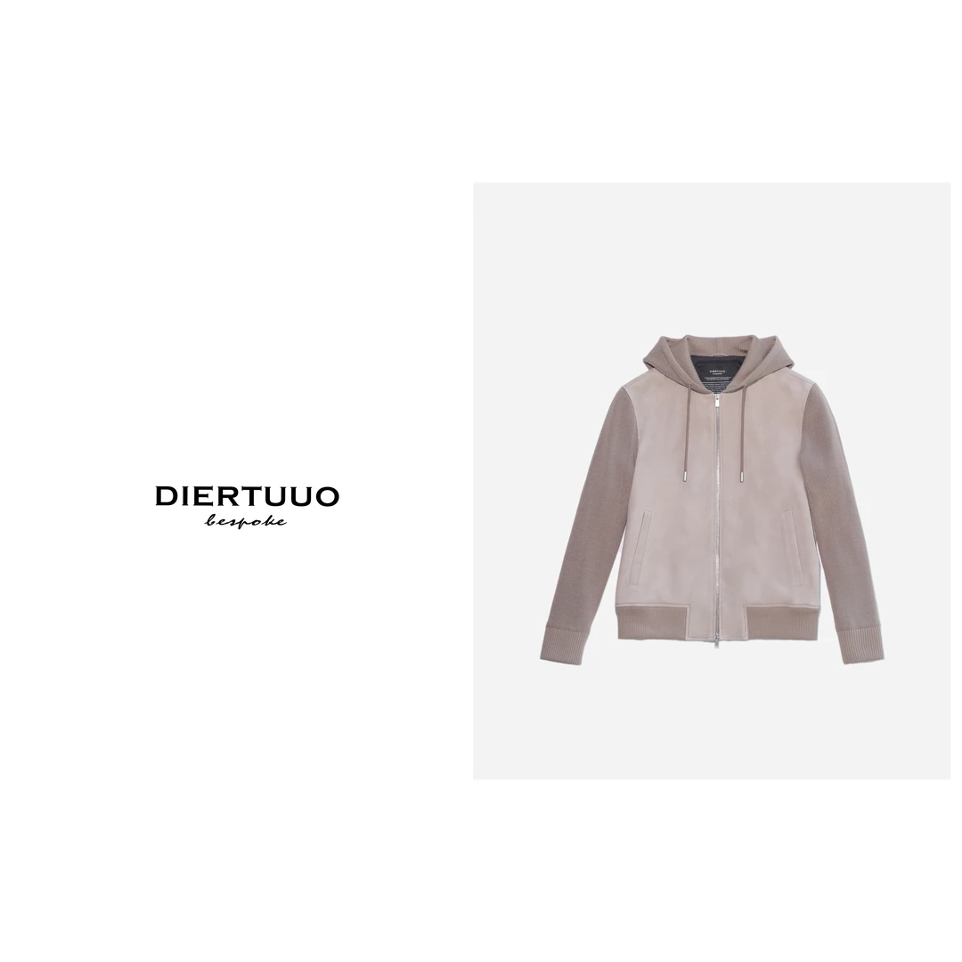 DIERTUUO迪途-男士时尚百搭修身针织拼接绵羊皮连帽皮衣83119